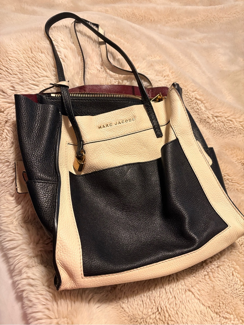 Marc Jacobs Black and Cream Pebbled Leather Tote with Burgundy Trim